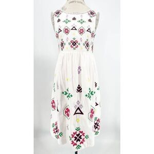 ANTHROPOLOGIE White Geometric Embroidered Dress